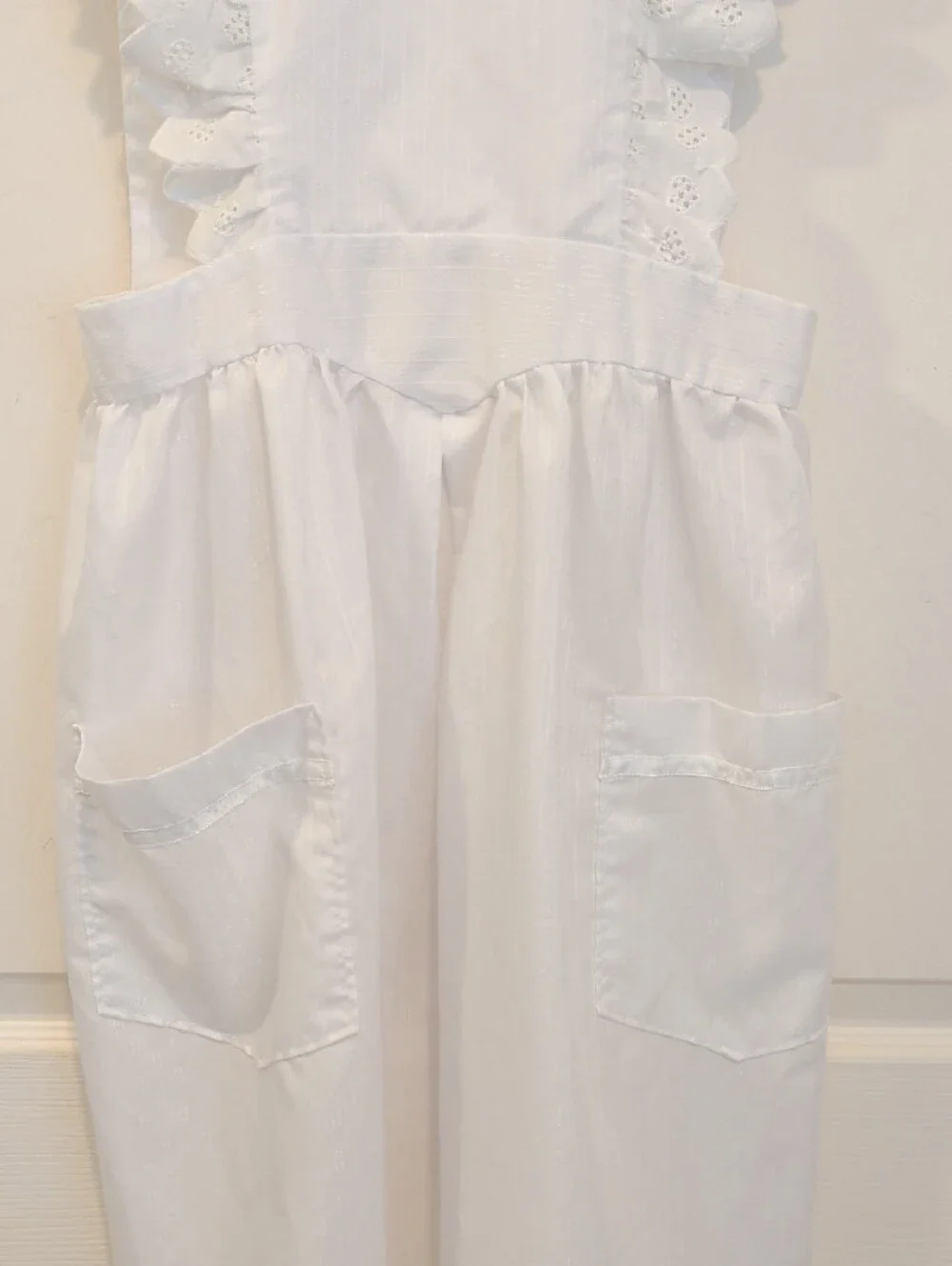 Hand Made White Eyelet Ruffle Apron with Waist Tie and Heart Button